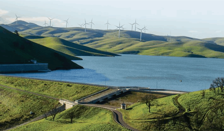 Los Vaqueros Resevoir with rolling hills and wind farm in background