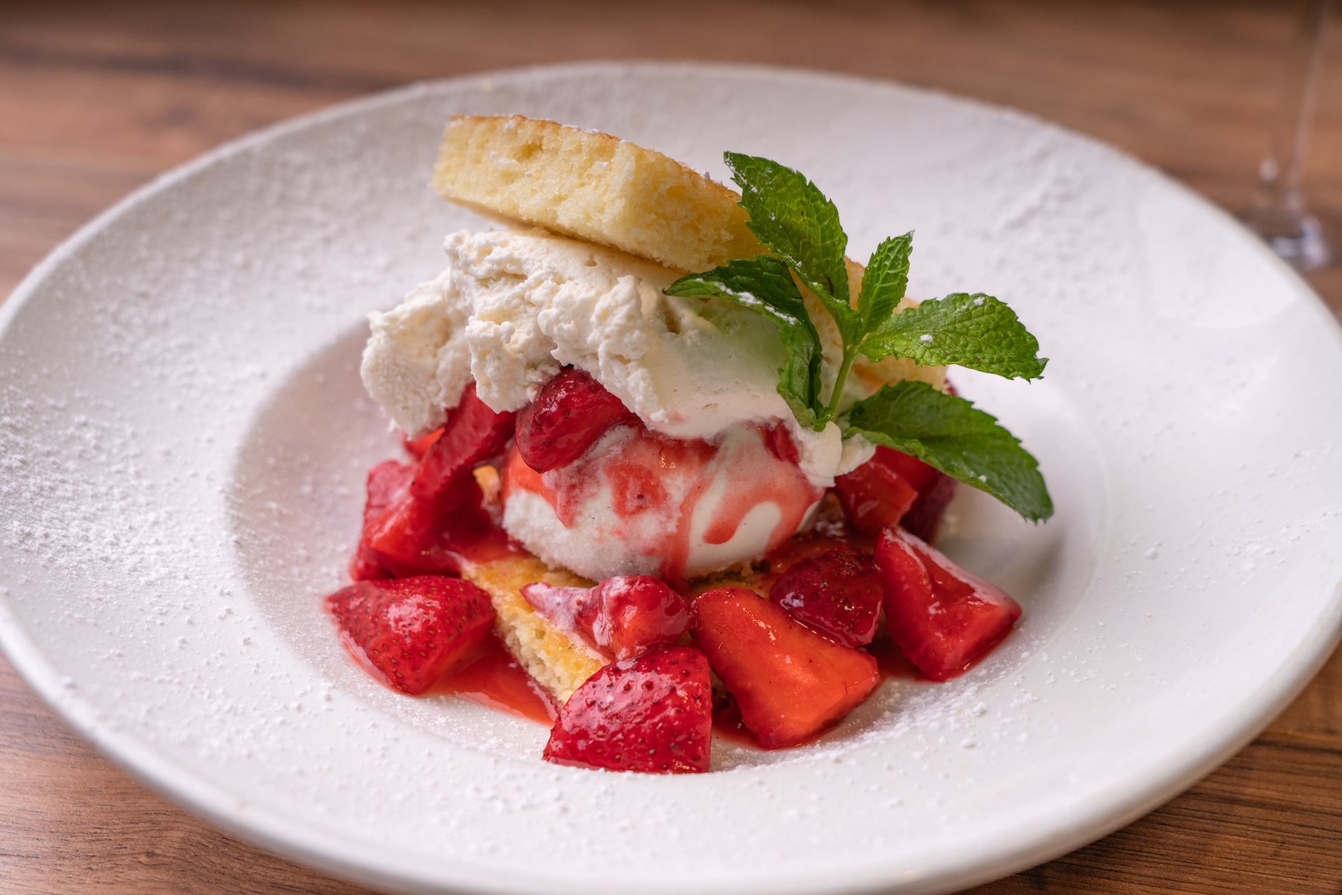 Plated strawberry shortcake dessert