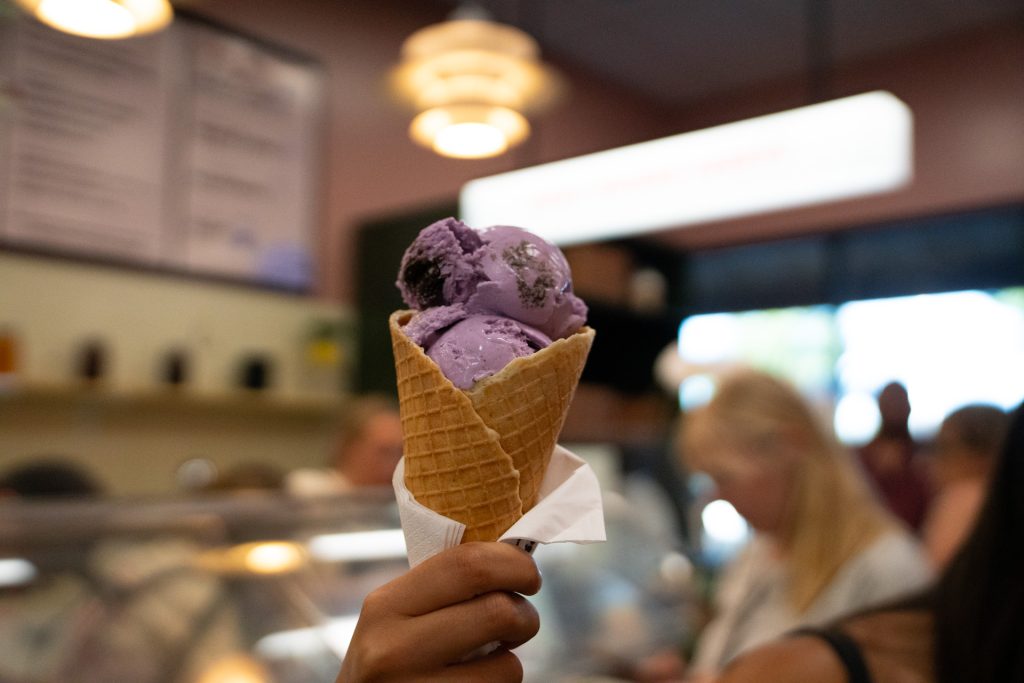 Scoops of ice cream in a waffle cone from Brentwood Ice Cream Co